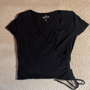 Hollister Black Wrap-Front Short Sleeve Crop Top with Side Tie
